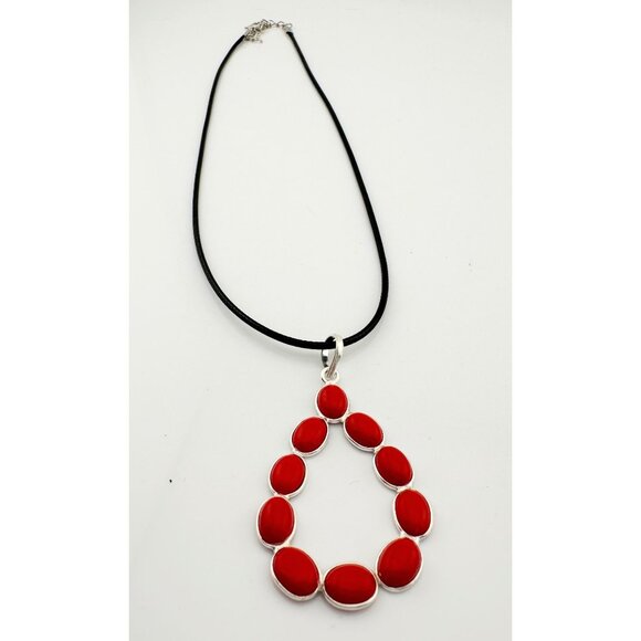 Flirty and Fun Red Coral Teardrop Necklace with Black Leather Cable Chain - Picture 4 of 8